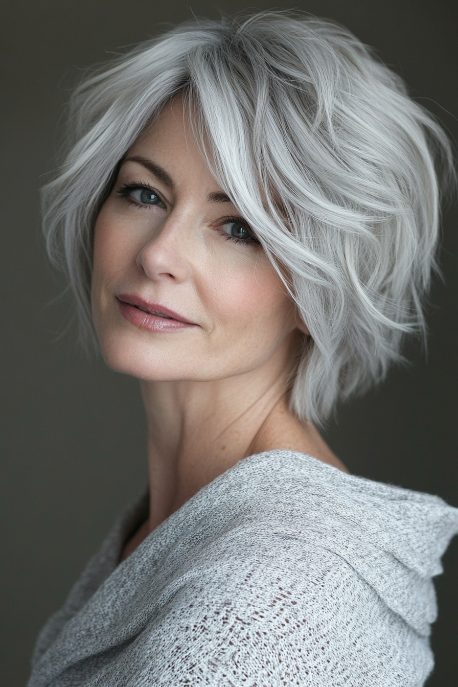 17. Messy Bob in Charcoal Gray (Short Hairstyles For Women Over 60 With Thin Hair) - Short Hairstyles For Women Over 60 With Thin Hair