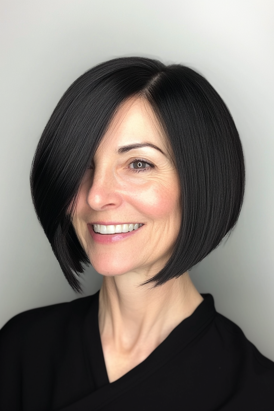 19. Sleek Angled Bob in Classic Black (Short Hairstyles For Women Over 60 With Thin Hair) - Short Hairstyles For Women Over 60 With Thin Hair