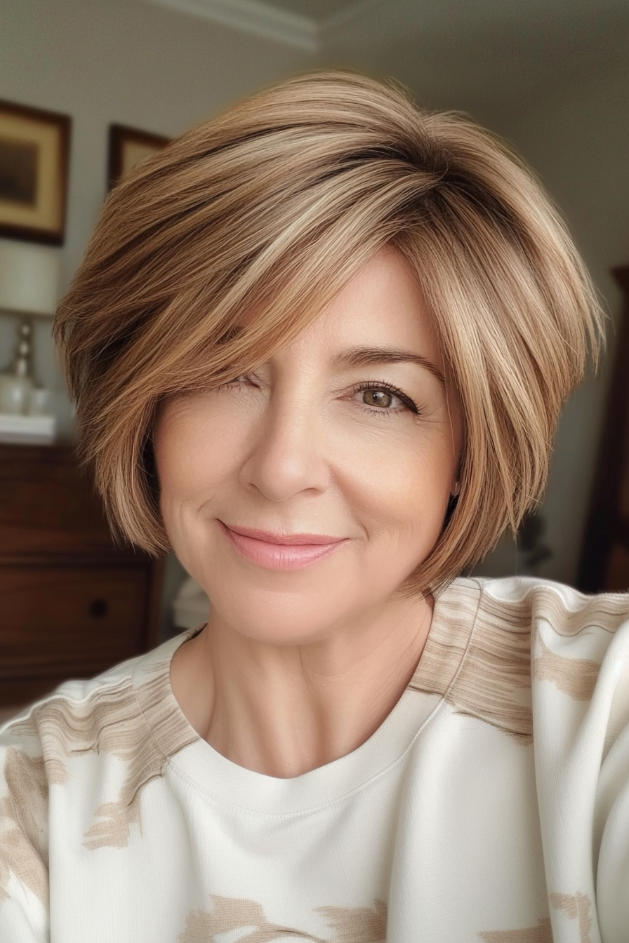 21. Chin-Length Layered Cut in Honey Brown (Short Hairstyles For Women Over 60 With Thin Hair) - Short Hairstyles For Women Over 60 With Thin Hair