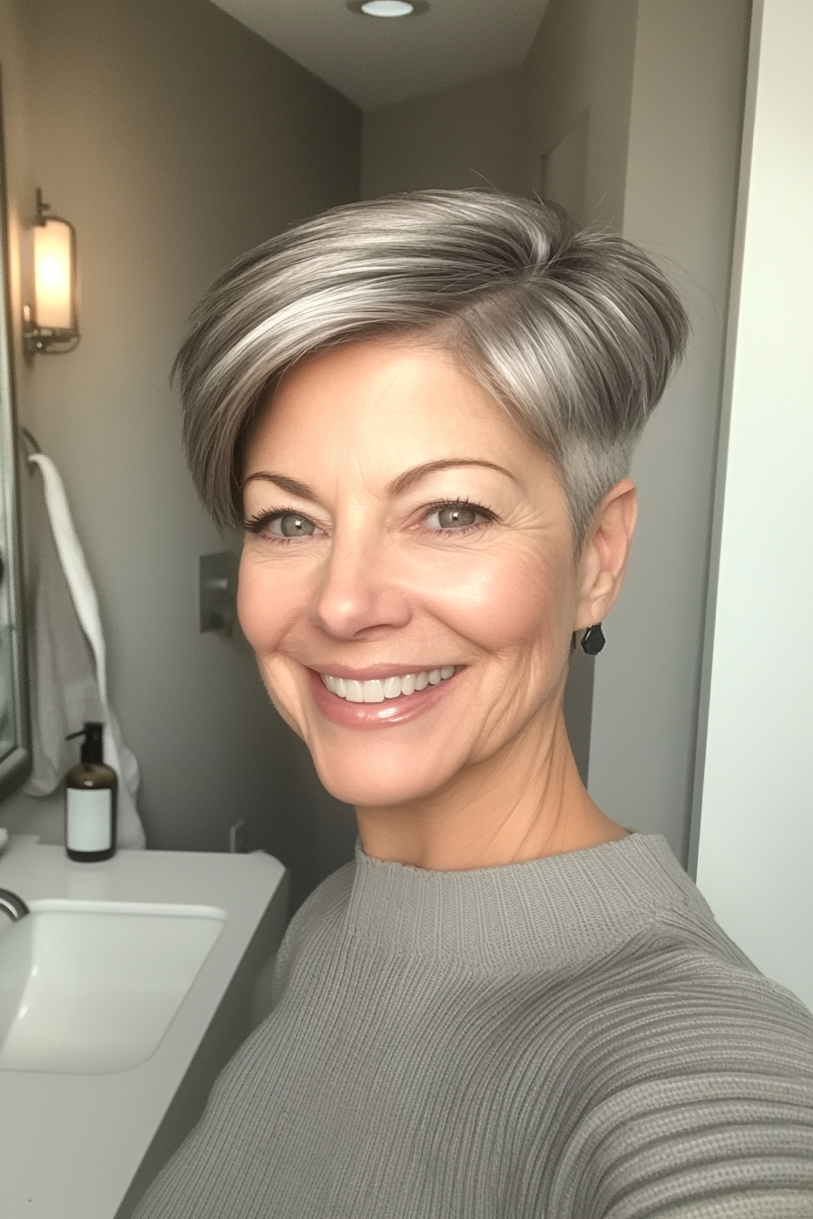 23. Tucked Pixie in Smoky Silver (Short Hairstyles For Women Over 60 With Thin Hair) - Short Hairstyles For Women Over 60 With Thin Hair