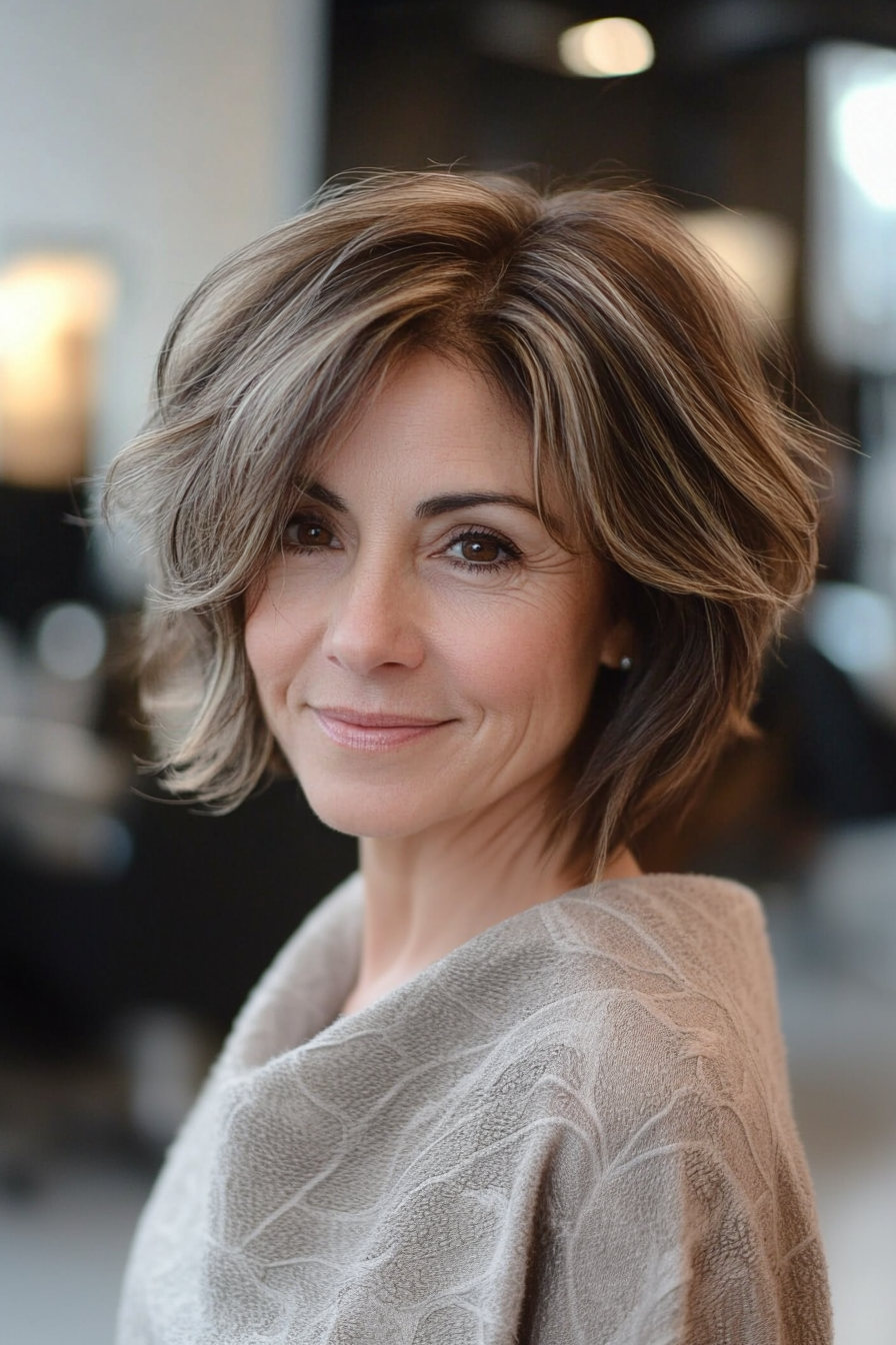 24. Blended Layered Bob in Ash Brown (Short Hairstyles For Women Over 60 With Thin Hair) - Short Hairstyles For Women Over 60 With Thin Hair