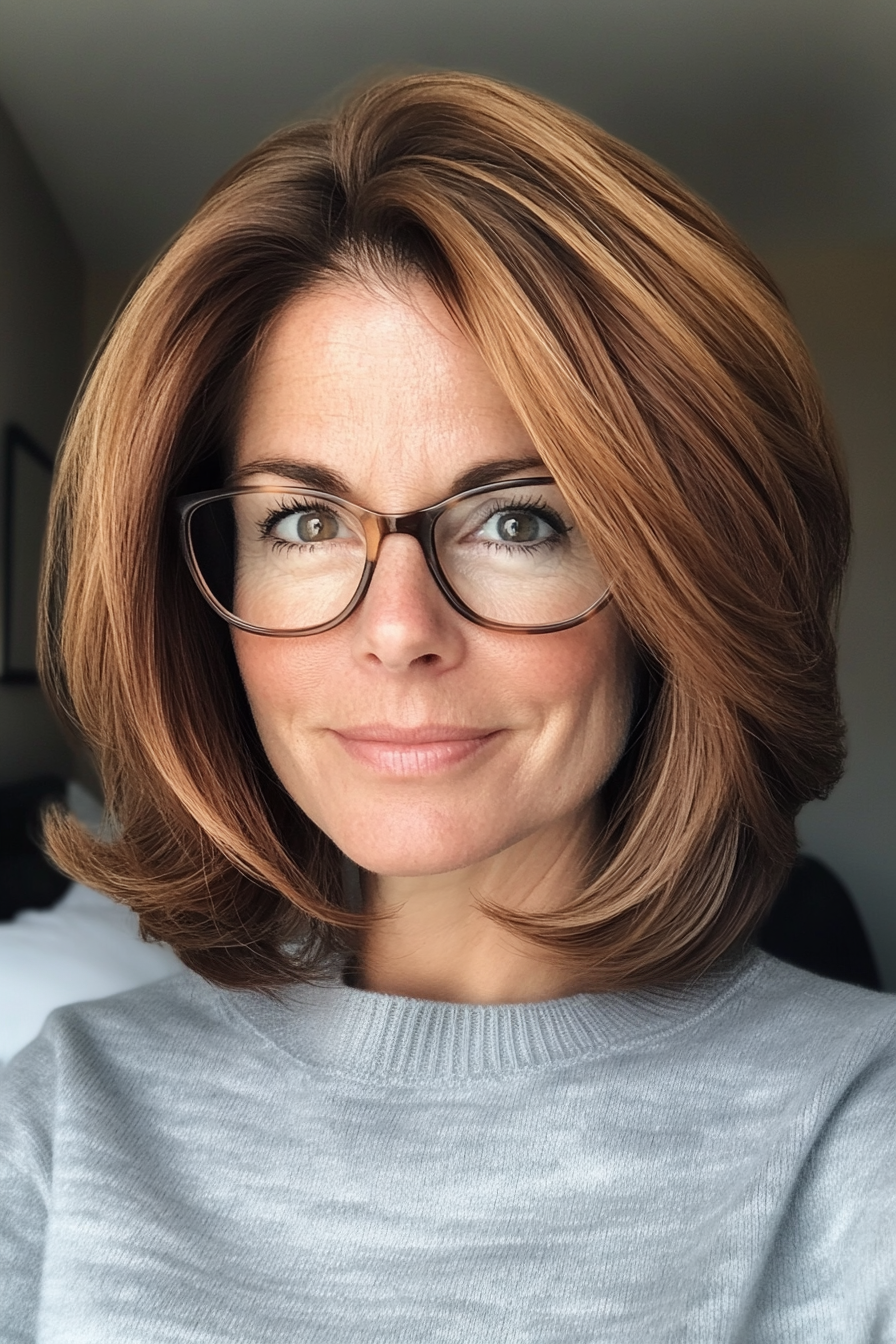 1. Soft Layered Bob in Chestnut Brown (Hairstyles For Women Over 50 With Glasses) - Hairstyles For Women Over 50 With Glasses