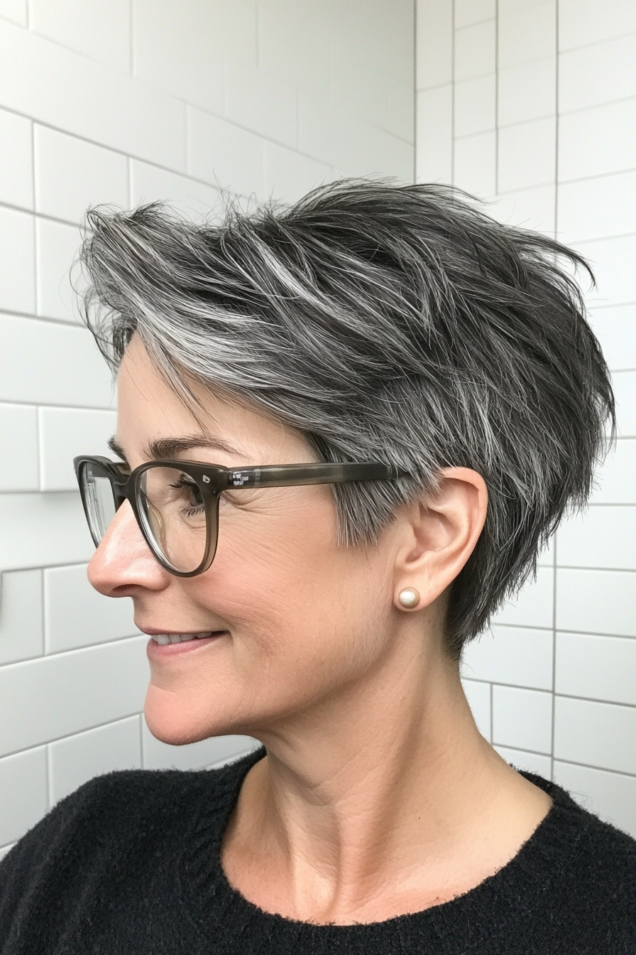 2. Textured Pixie Cut in Salt-and-Pepper (Hairstyles For Women Over 50 With Glasses) - Hairstyles For Women Over 50 With Glasses