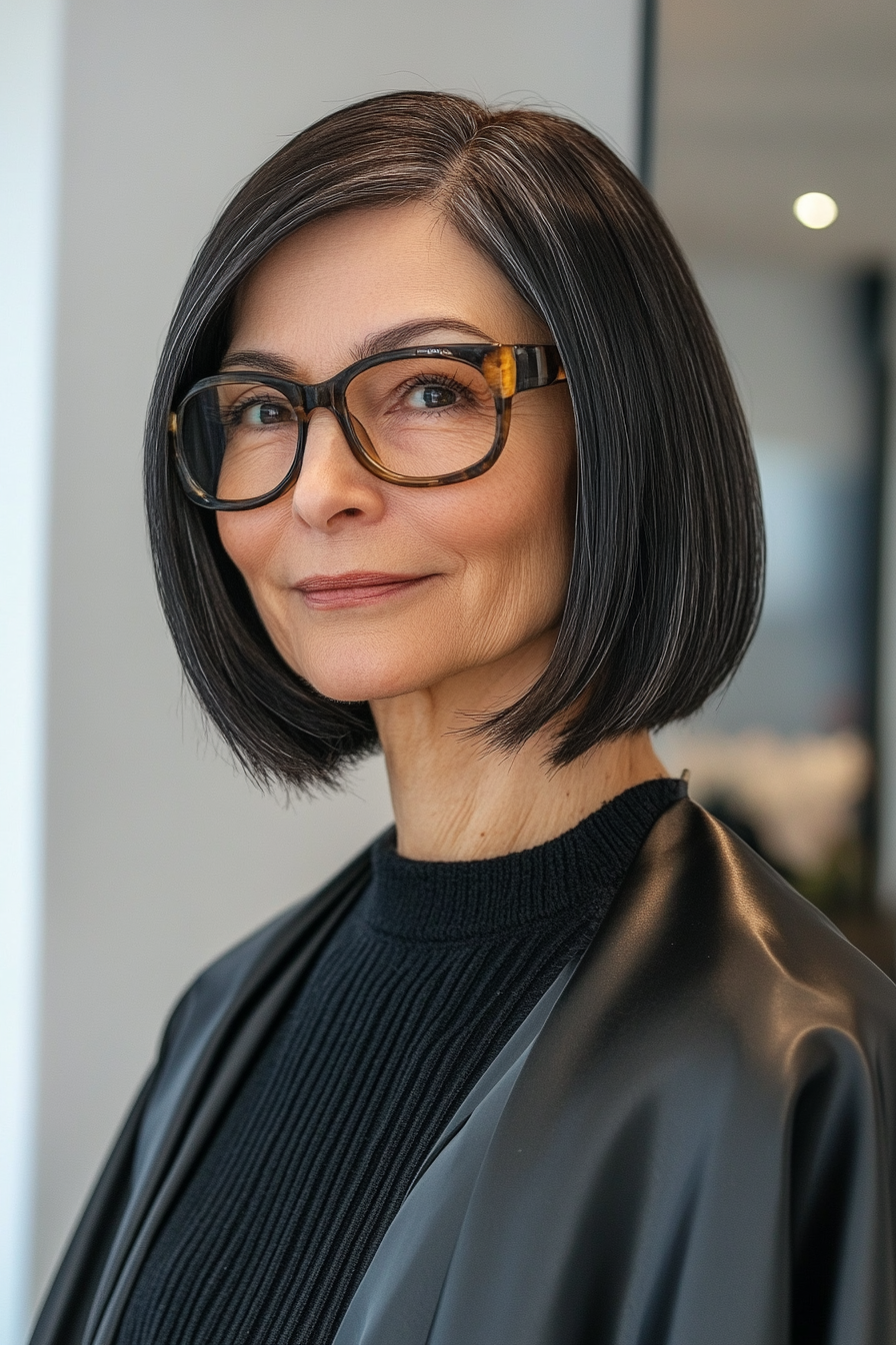 3. Classic Blunt Bob in Warm Black (Hairstyles For Women Over 50 With Glasses) - Hairstyles For Women Over 50 With Glasses