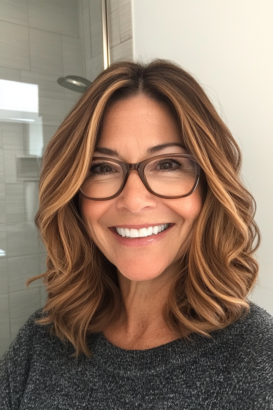 5. Soft Wavy Lob in Honey Brown (Hairstyles For Women Over 50 With Glasses) - Hairstyles For Women Over 50 With Glasses