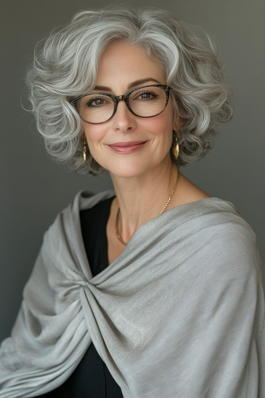 6. Chin-Length Curly Bob in Silver Gray (Hairstyles For Women Over 50 With Glasses) - Hairstyles For Women Over 50 With Glasses
