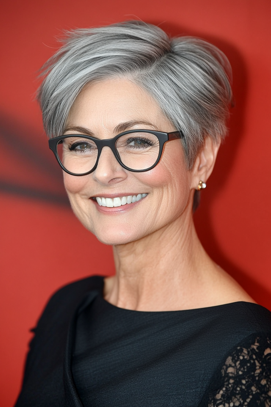 9. Side-Swept Short Cut in Natural Gray (Hairstyles For Women Over 50 With Glasses) - Hairstyles For Women Over 50 With Glasses