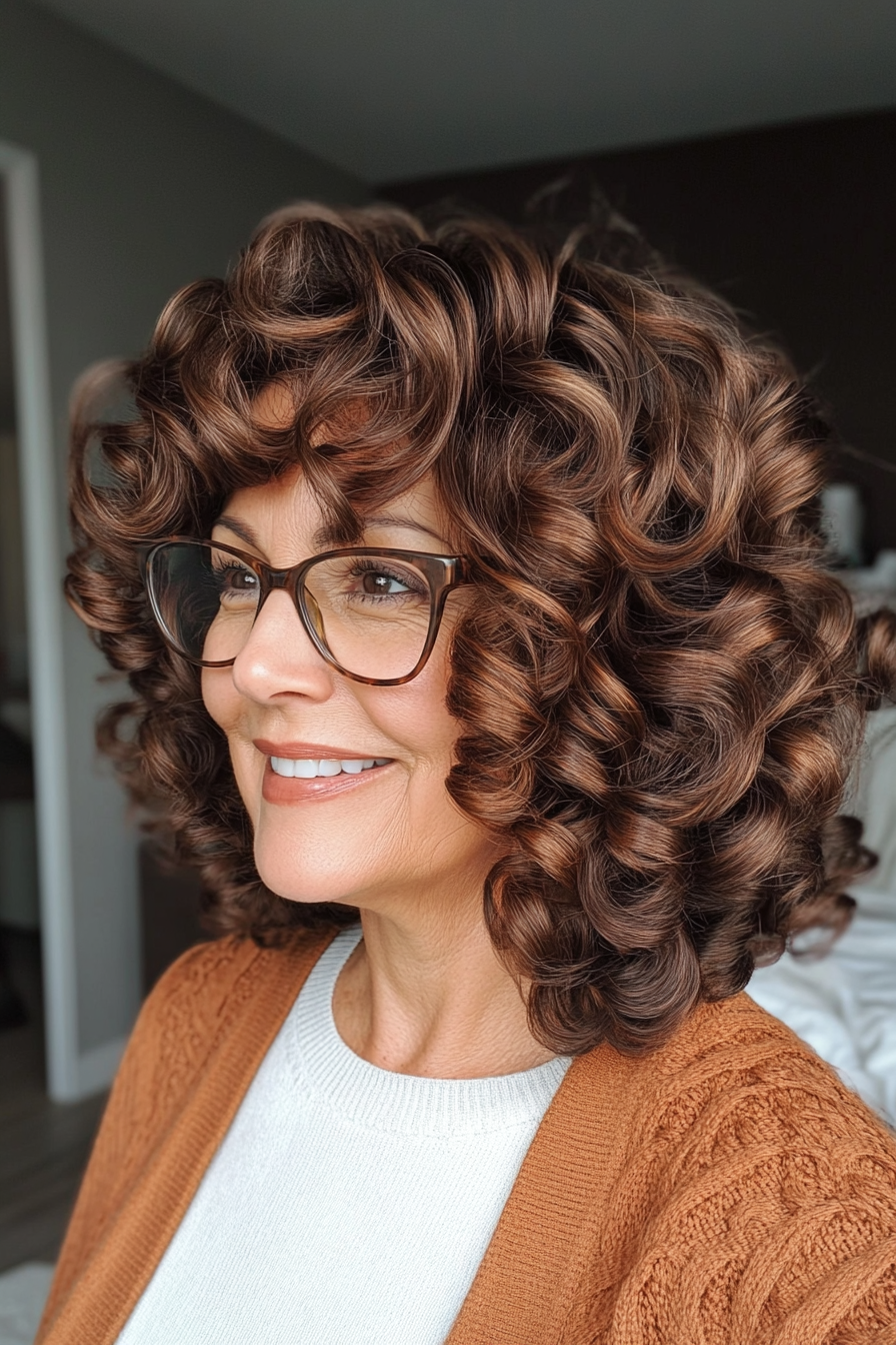 10. Voluminous Curls in Deep Mahogany (Hairstyles For Women Over 50 With Glasses) - Hairstyles For Women Over 50 With Glasses