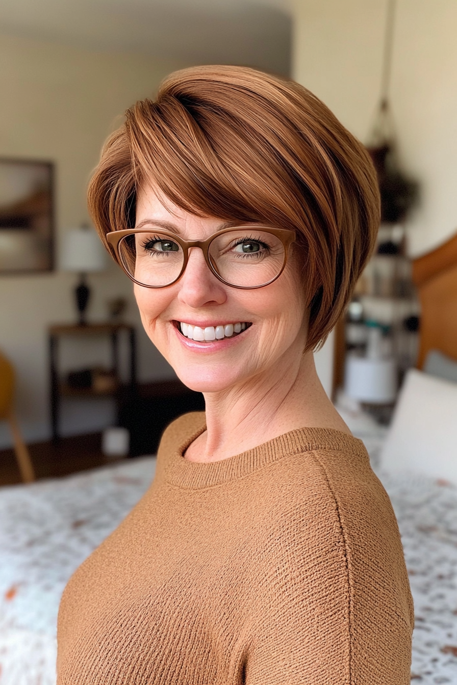 11. Modern Pageboy Cut in Soft Caramel Brown (Hairstyles For Women Over 50 With Glasses) - Hairstyles For Women Over 50 With Glasses