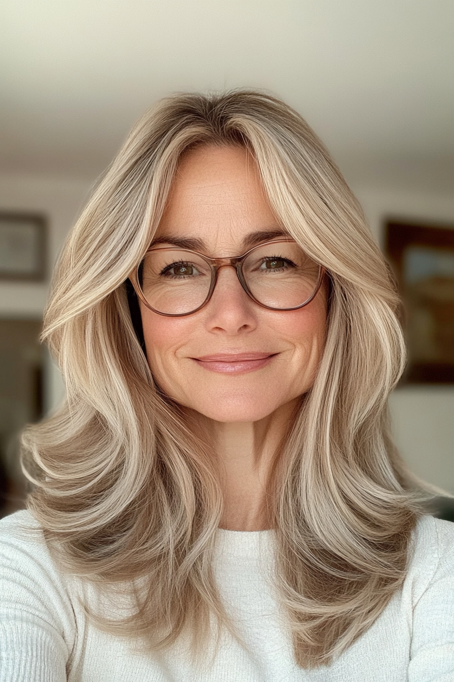 12. Shoulder-Length Feathered Cut in Sandy Blonde (Hairstyles For Women Over 50 With Glasses) - Hairstyles For Women Over 50 With Glasses