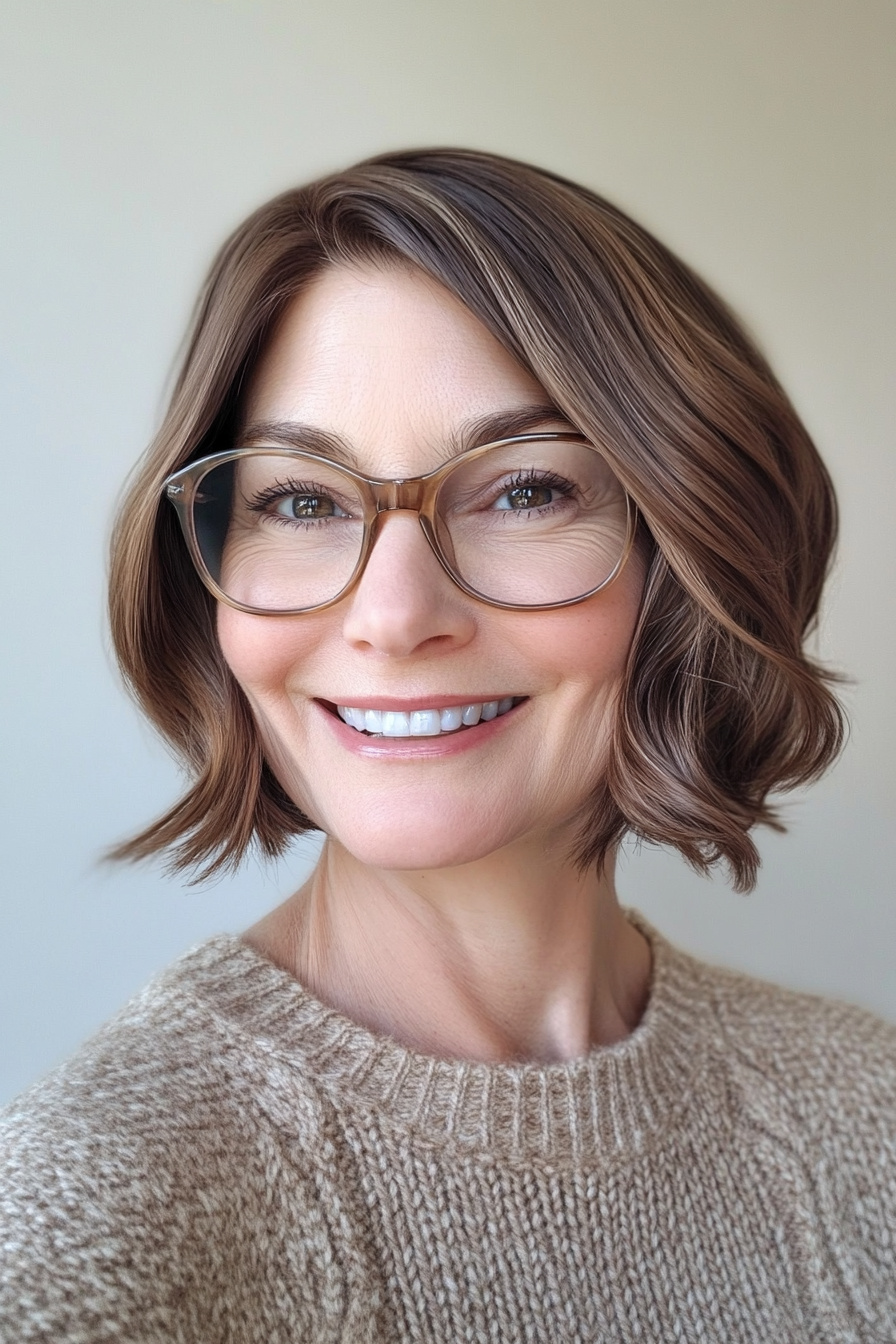 14. Elegant French Bob in Cocoa Brown (Hairstyles For Women Over 50 With Glasses) - Hairstyles For Women Over 50 With Glasses