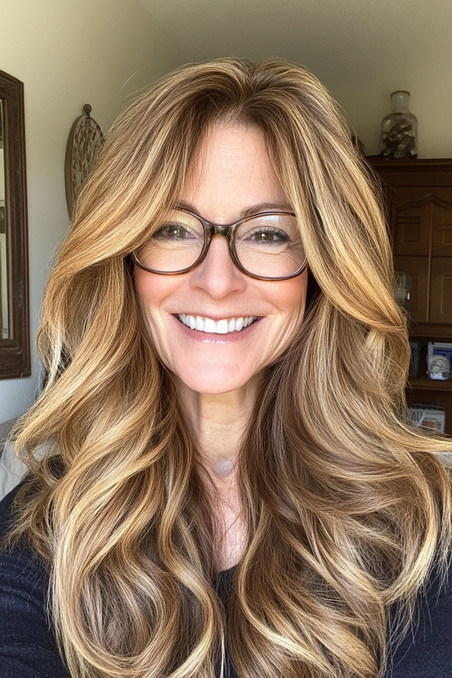 15. Long Layered Waves in Golden Brown (Hairstyles For Women Over 50 With Glasses) - Hairstyles For Women Over 50 With Glasses