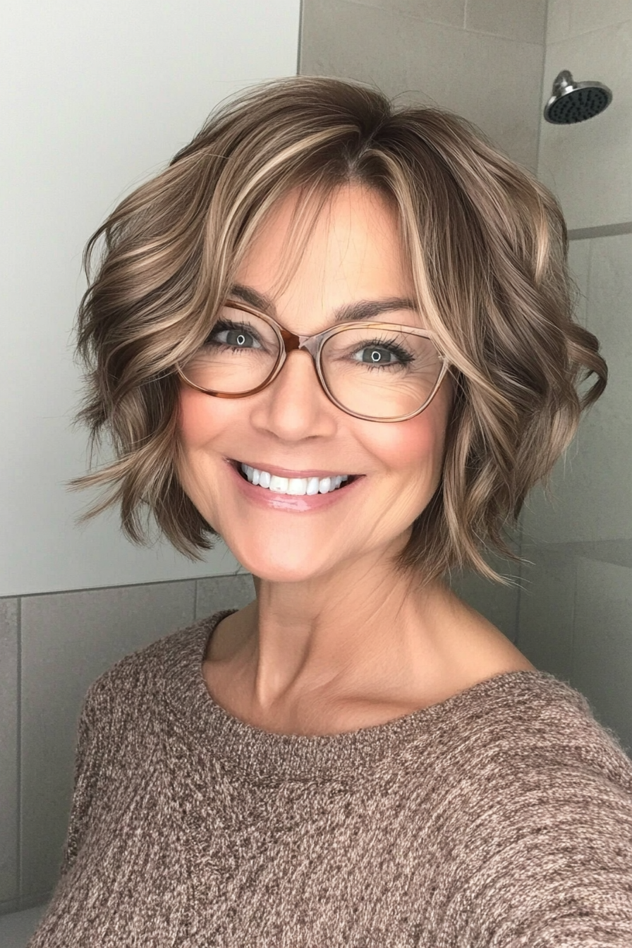 16. Short Tousled Bob in Soft Mocha (Hairstyles For Women Over 50 With Glasses) - Hairstyles For Women Over 50 With Glasses