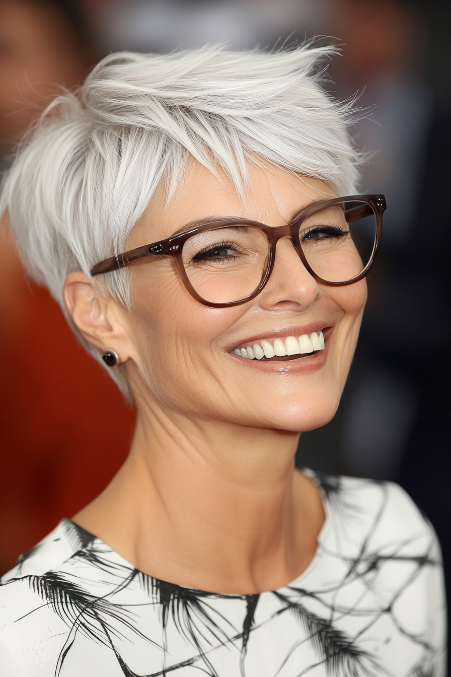 18. Short and Choppy Pixie in Frosty White (Hairstyles For Women Over 50 With Glasses) - Hairstyles For Women Over 50 With Glasses