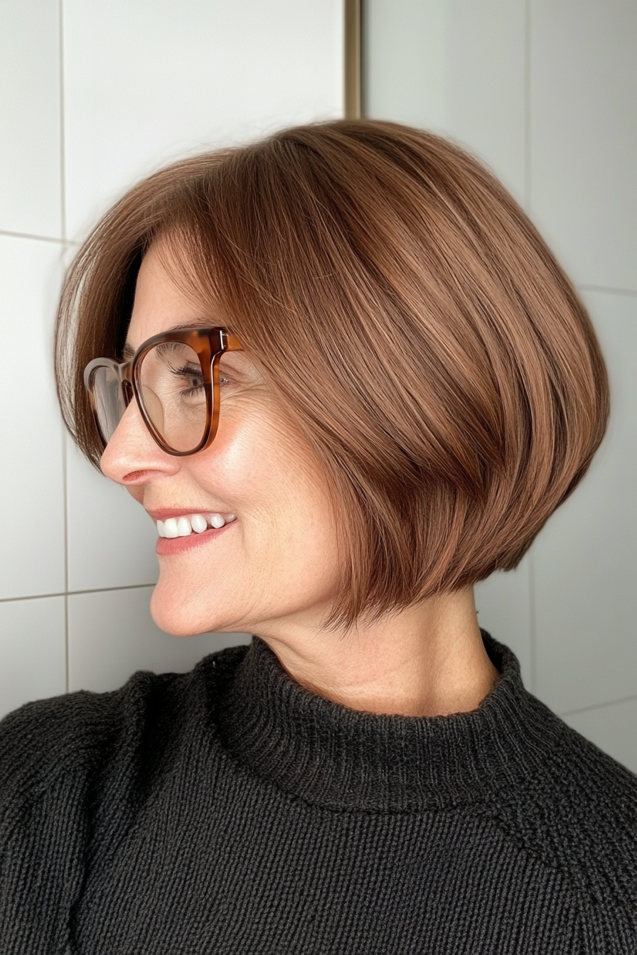 19. Cropped Bob with Side Bangs in Warm Cinnamon Brown (Hairstyles For Women Over 50 With Glasses) - Hairstyles For Women Over 50 With Glasses
