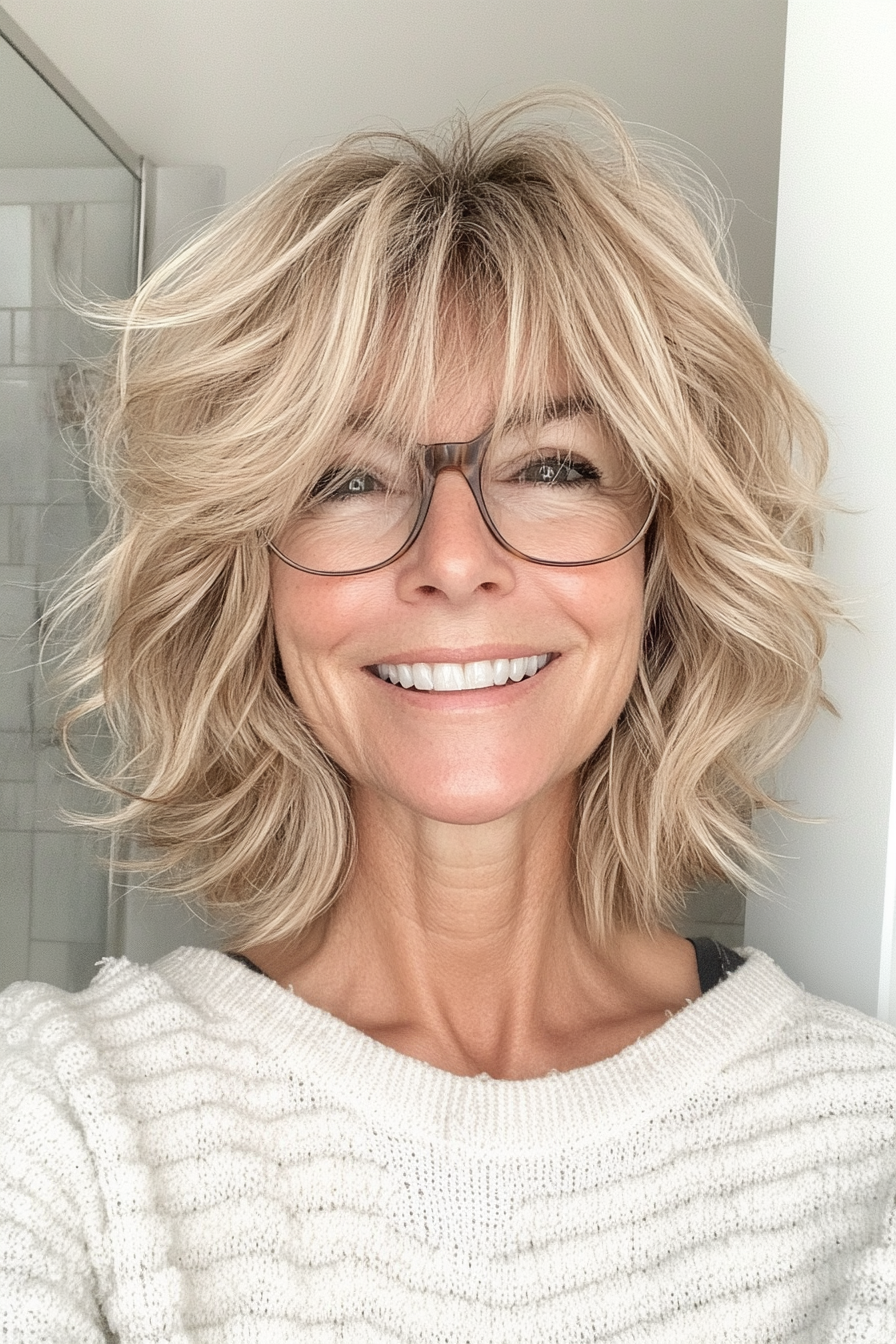 20. Messy Shaggy Lob in Light Honey Blonde (Hairstyles For Women Over 50 With Glasses) - Hairstyles For Women Over 50 With Glasses