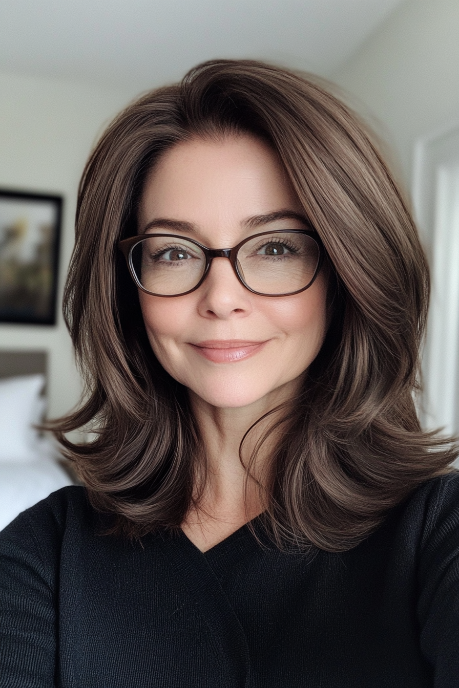 21. Classic Shoulder-Length Layers in Soft Walnut Brown (Hairstyles For Women Over 50 With Glasses) - Hairstyles For Women Over 50 With Glasses