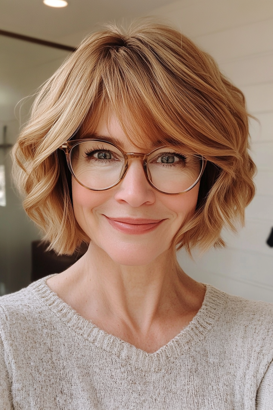 23. Wavy Bob with Bangs in Golden Blonde (Hairstyles For Women Over 50 With Glasses) - Hairstyles For Women Over 50 With Glasses