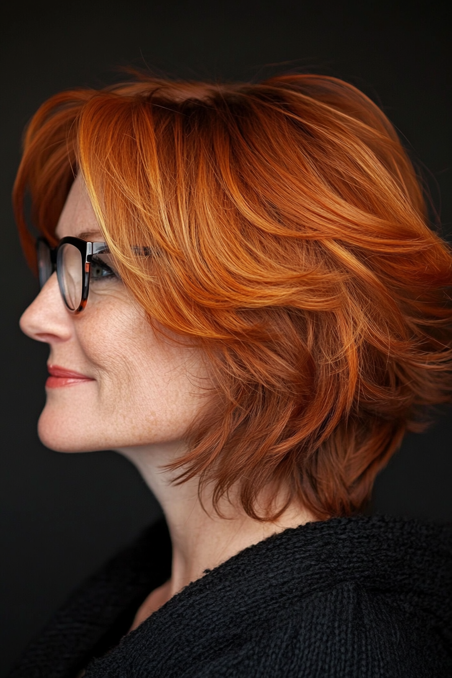 24. Medium-Length Choppy Layers in Rich Copper Red (Hairstyles For Women Over 50 With Glasses) - Hairstyles For Women Over 50 With Glasses