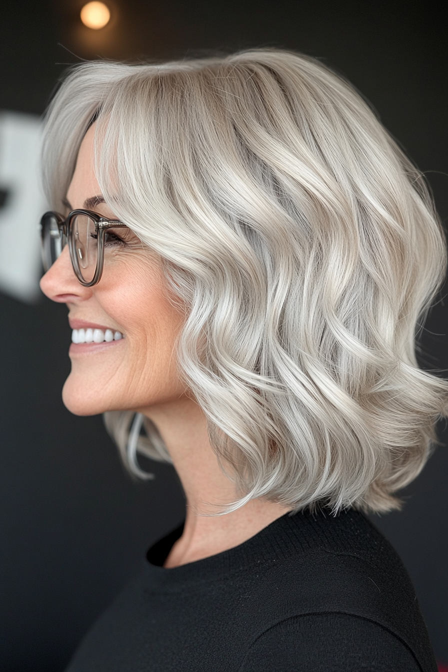 26. Short Wavy Crop in Silver Blonde (Hairstyles For Women Over 50 With Glasses) - Hairstyles For Women Over 50 With Glasses