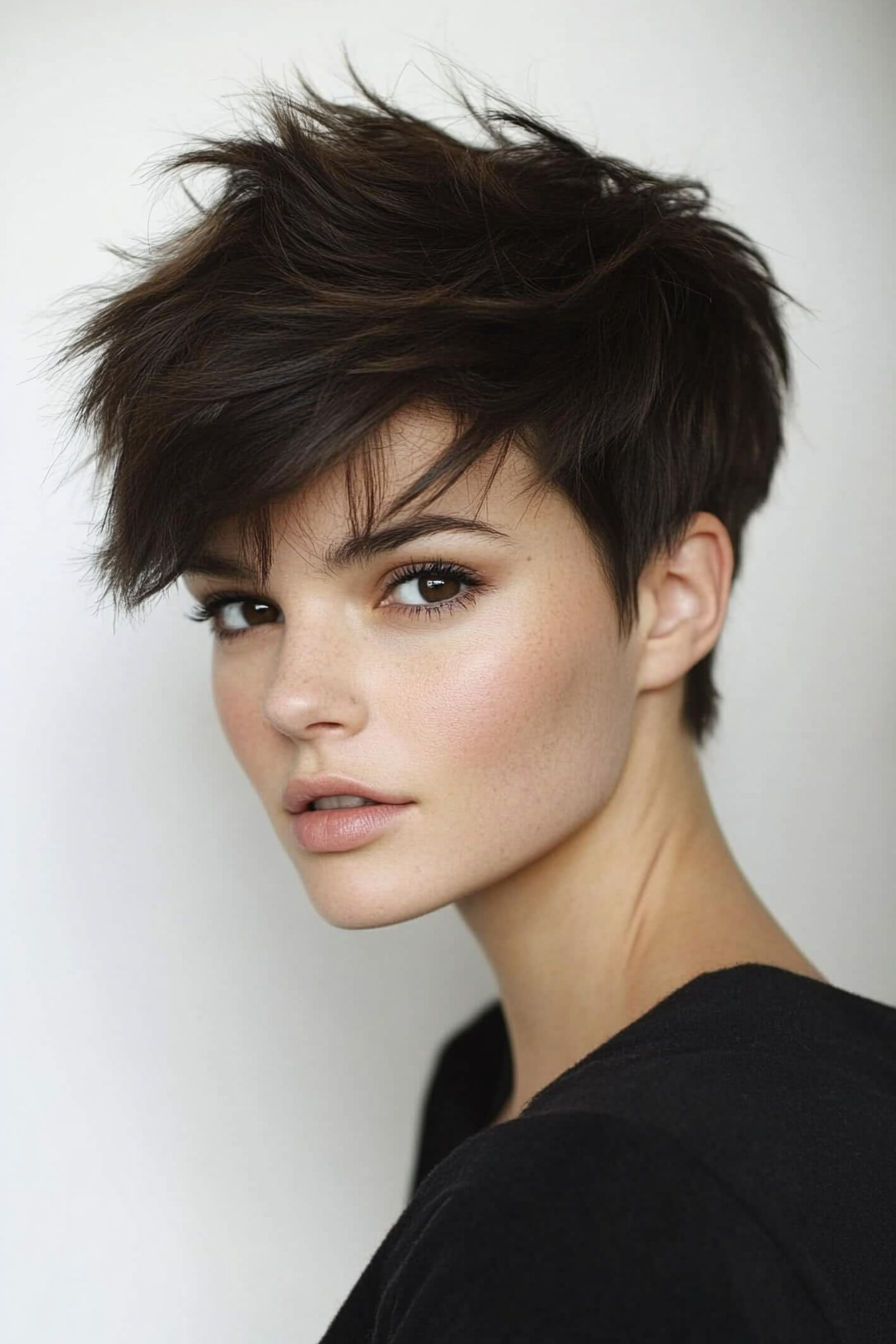 14. Disconnected Pixie in Dark Chocolate Brown (Short Spiky Haircuts For Fine Hair) - Short Spiky Haircuts For Fine Hair