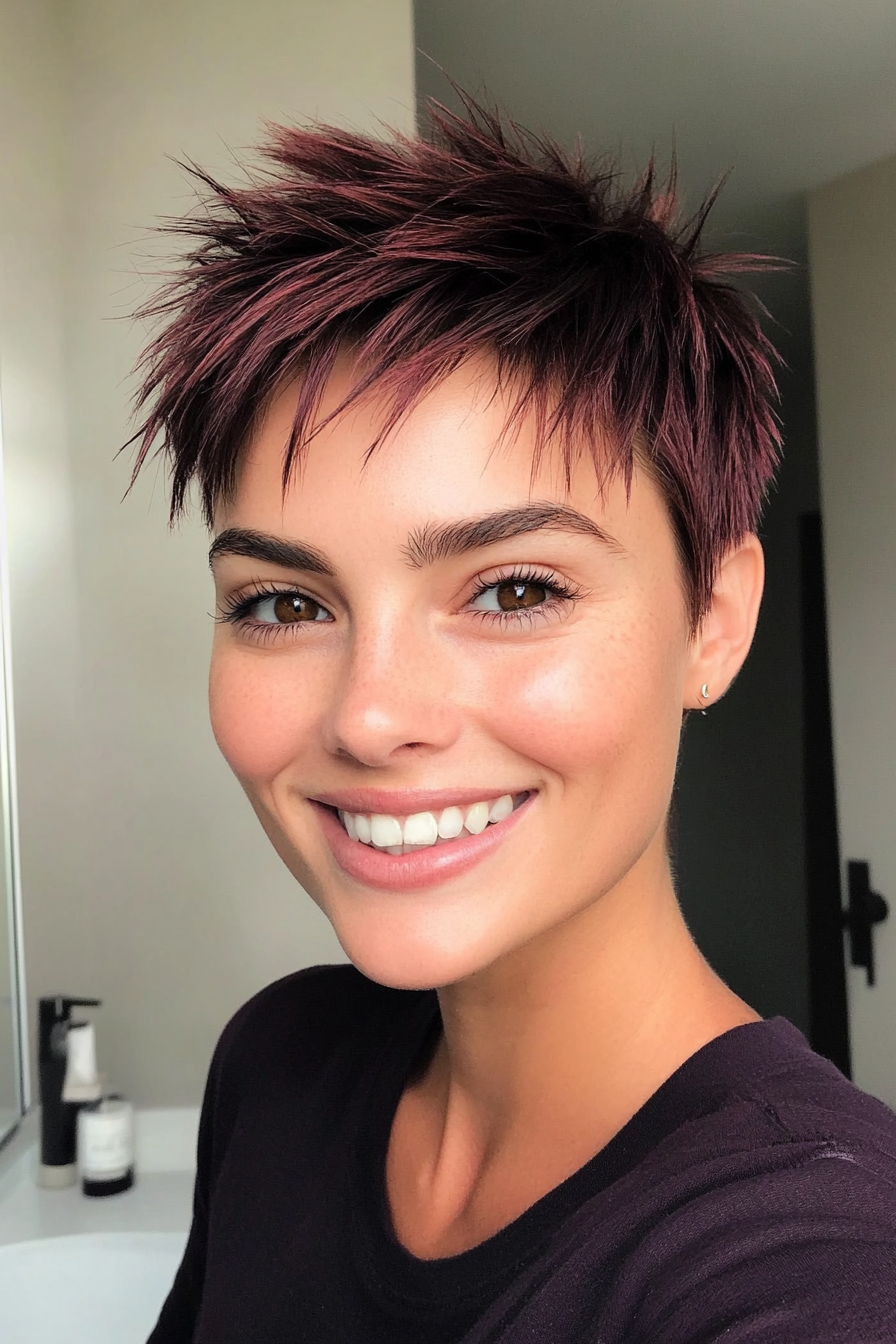 21. Pixie With Crown Volume in Deep Burgundy Brown (Short Spiky Haircuts For Fine Hair) - Short Spiky Haircuts For Fine Hair