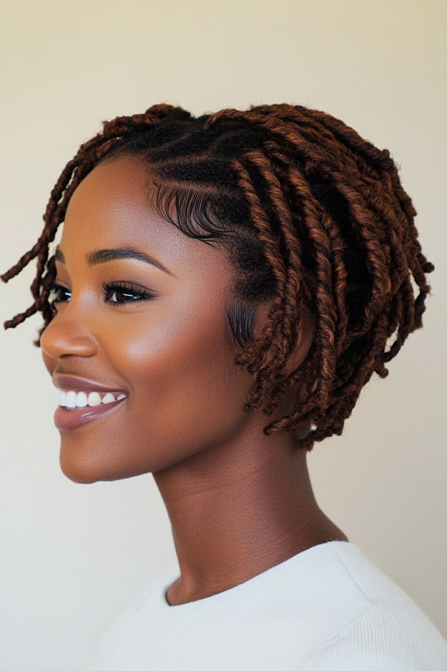 16. Short Locs in Earthy Umber (Short Hairstyles For Black Women) - Short Hairstyles For Black Women