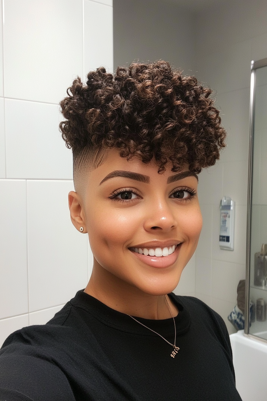 17. Curly High Top Fade in Midnight Brown (Short Hairstyles For Black Women) - Short Hairstyles For Black Women