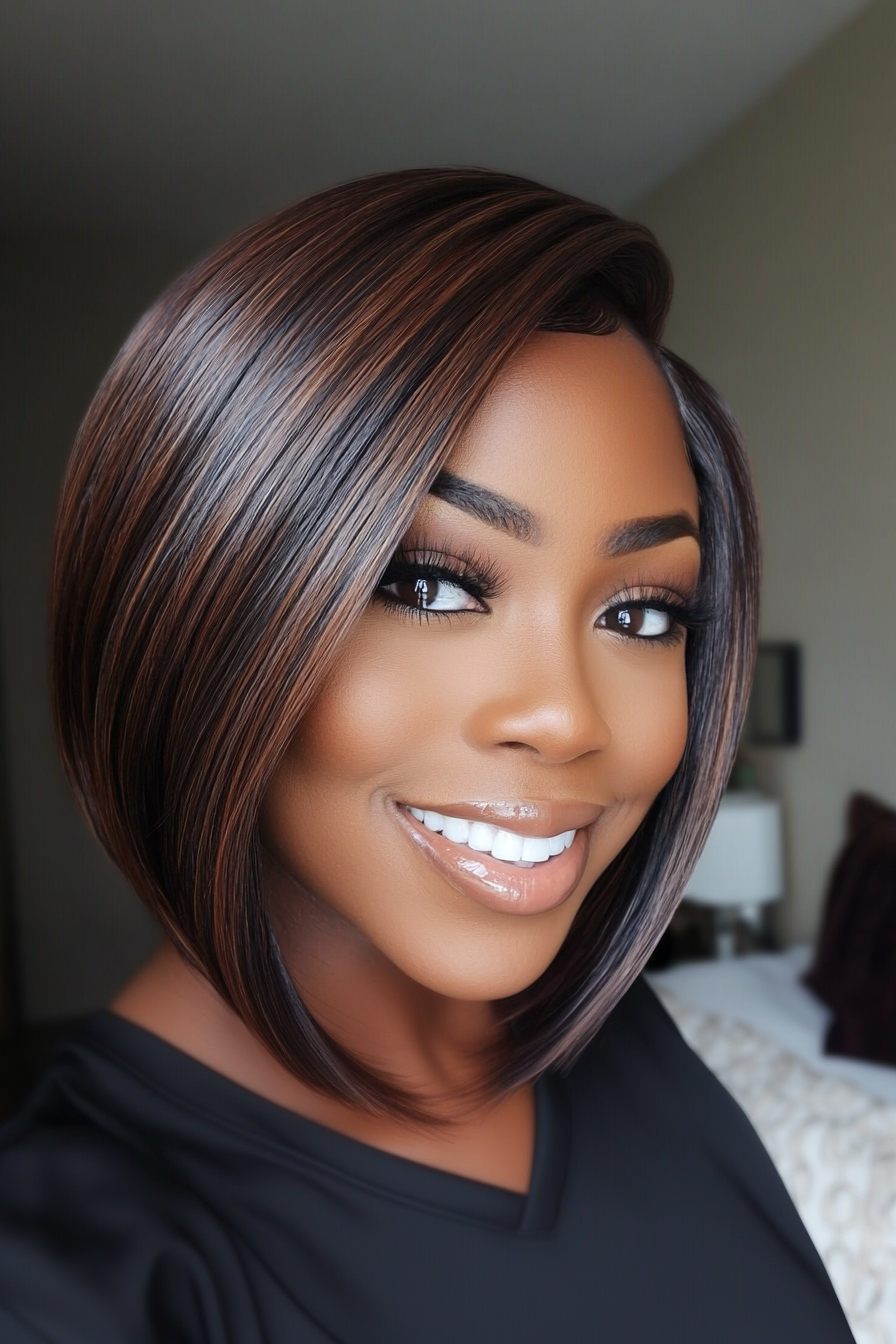 19. Angled Bob in Deep Chestnut (Short Hairstyles For Black Women) - Short Hairstyles For Black Women