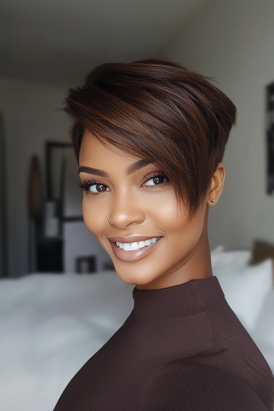 22. Side-Swept Pixie in Espresso Brown (Short Hairstyles For Black Women) - Short Hairstyles For Black Women