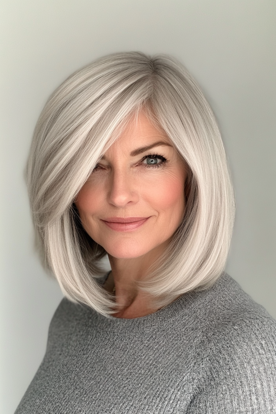 10. Side-Parted Bob in Silver Blonde (Bob Haircuts For Women Over 60) - Bob Haircuts For Women Over 60