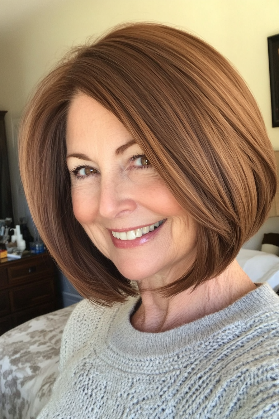 14. Tapered Bob in Soft Caramel Brown (Bob Haircuts For Women Over 60) - Bob Haircuts For Women Over 60