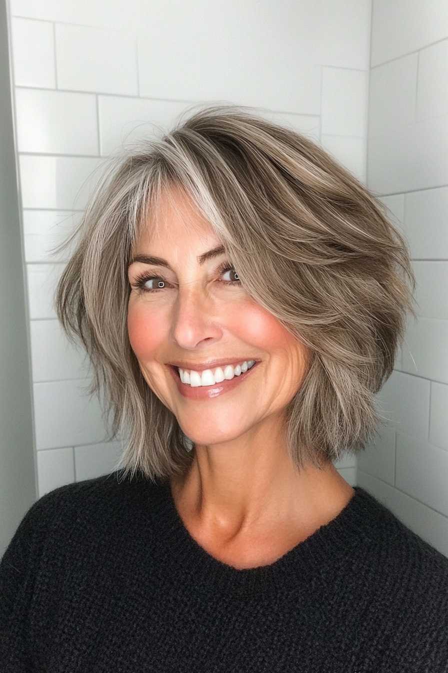 18. Shaggy Bob in Light Brown with Subtle Gray (Bob Haircuts For Women Over 60) - Bob Haircuts For Women Over 60