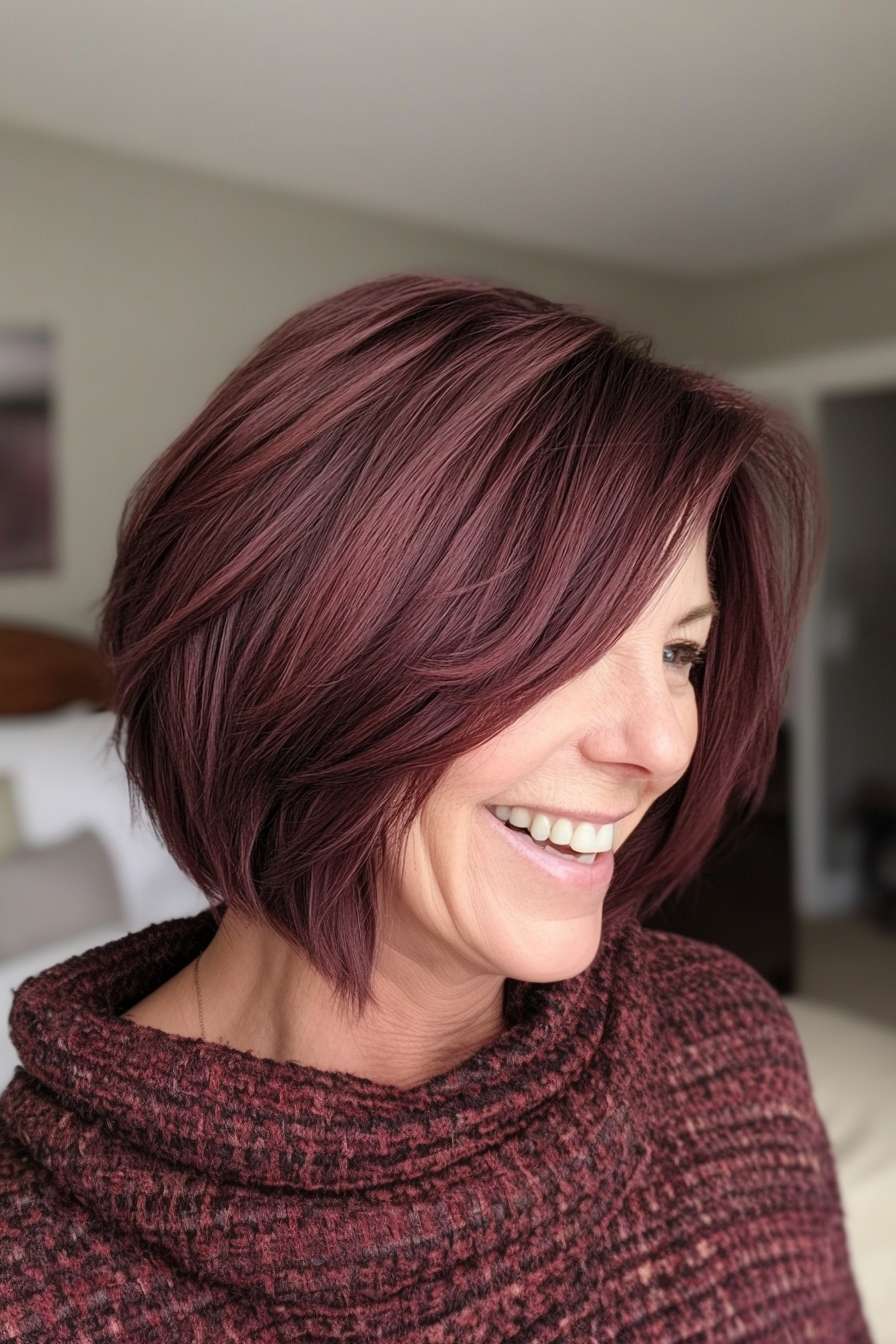 19. Choppy Bob in Deep Burgundy Brown (Bob Haircuts For Women Over 60) - Bob Haircuts For Women Over 60