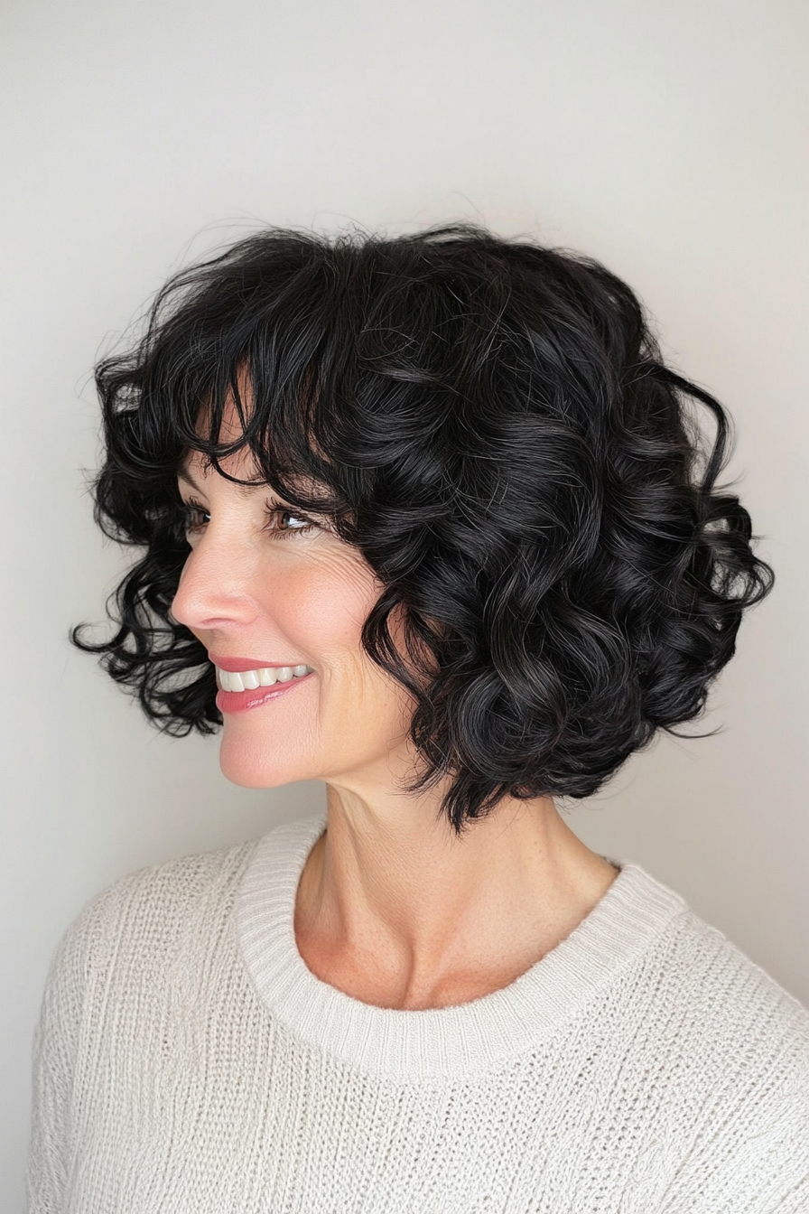 26. Curly Bob in Natural Black (Bob Haircuts For Women Over 60) - Bob Haircuts For Women Over 60