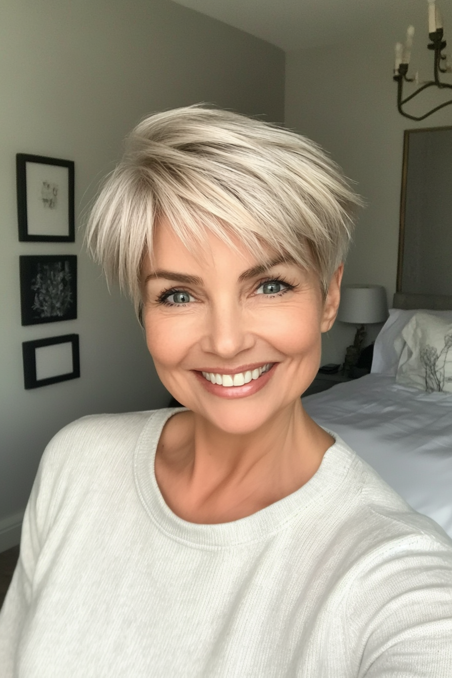 1. Soft Feathered Pixie in Ash Blonde (Short Hairstyles For Older Women) - Short Hairstyles For Older Women