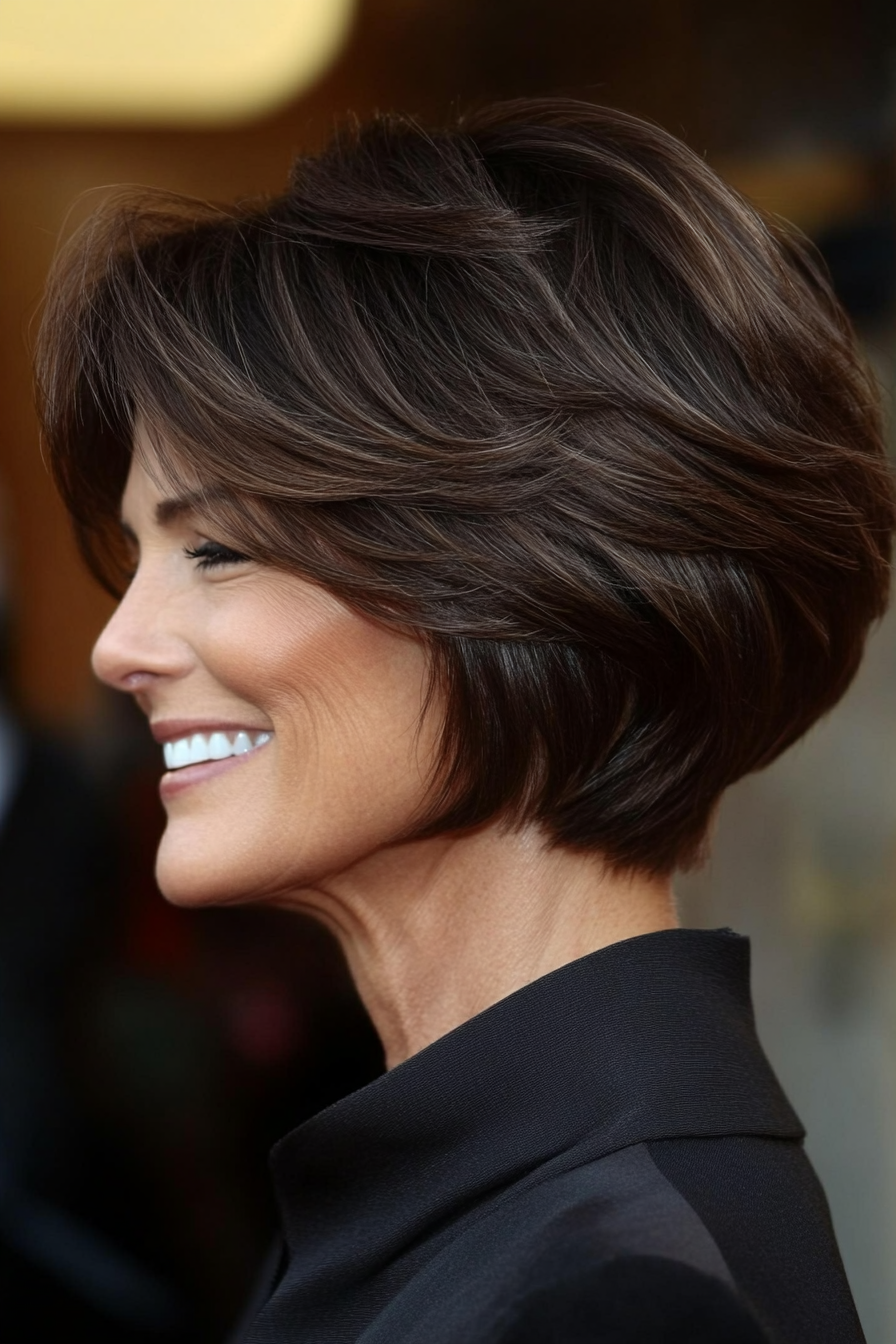 7. Sleek Asymmetrical Bob in Espresso Brown (Short Hairstyles For Older Women) - Short Hairstyles For Older Women