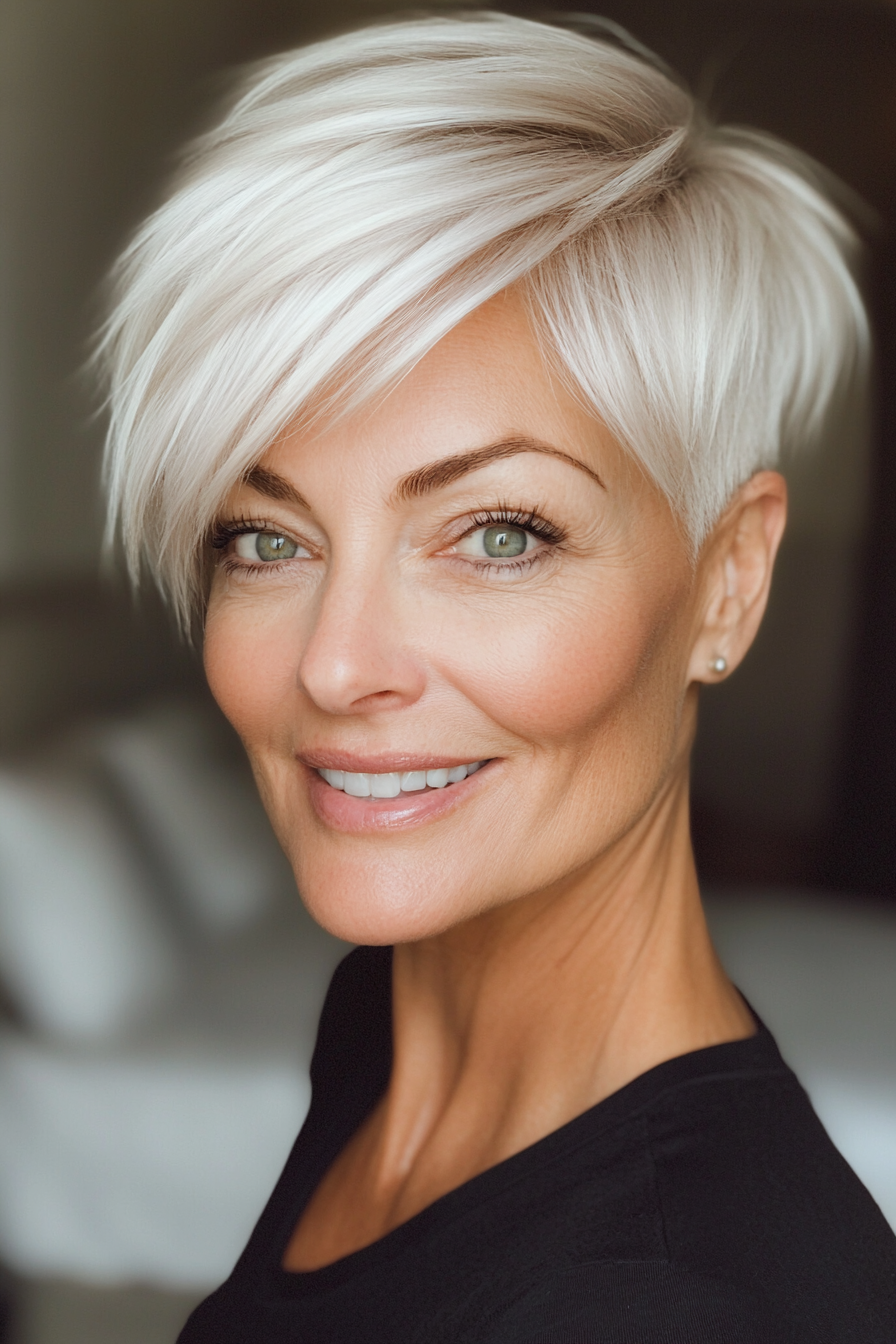 11. Wispy Pixie in Platinum Blonde (Short Hairstyles For Older Women) - Short Hairstyles For Older Women