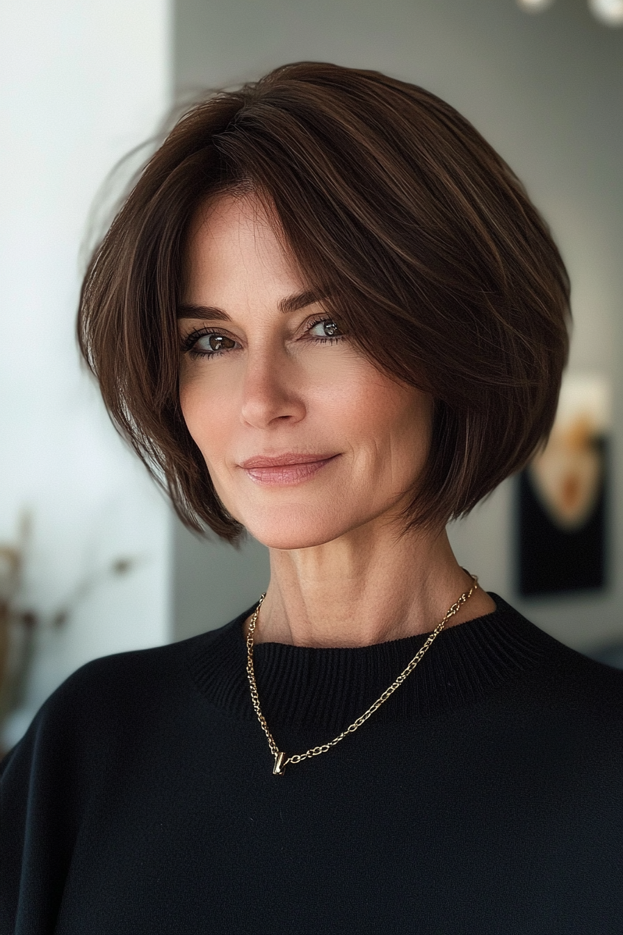 12. Rounded Bob in Dark Chocolate Brown (Short Hairstyles For Older Women) - Short Hairstyles For Older Women
