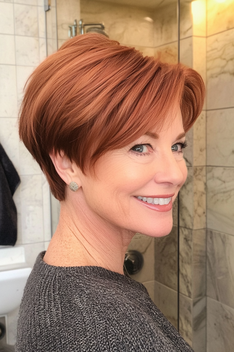 13. Pixie with Side Bangs in Soft Auburn (Short Hairstyles For Older Women) - Short Hairstyles For Older Women