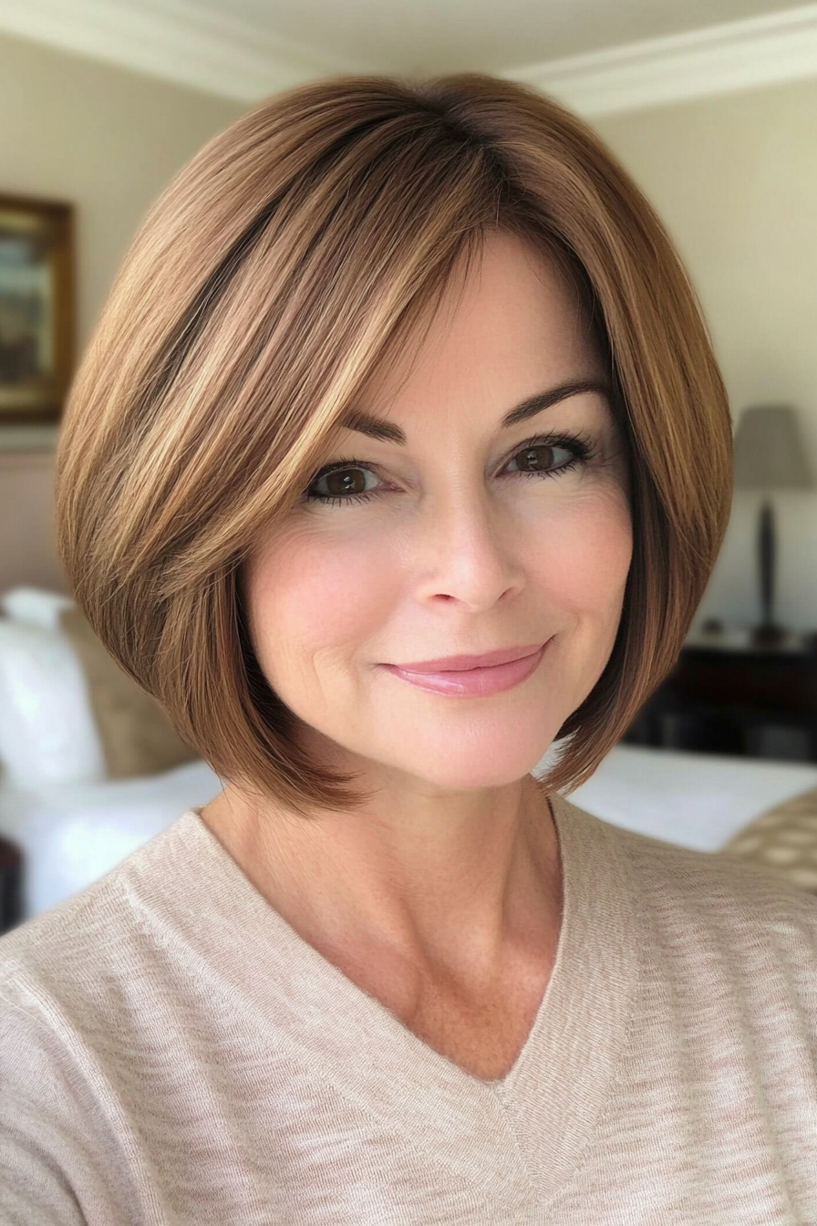 14. Chin-Length Bob in Warm Honey Brown (Short Hairstyles For Older Women) - Short Hairstyles For Older Women