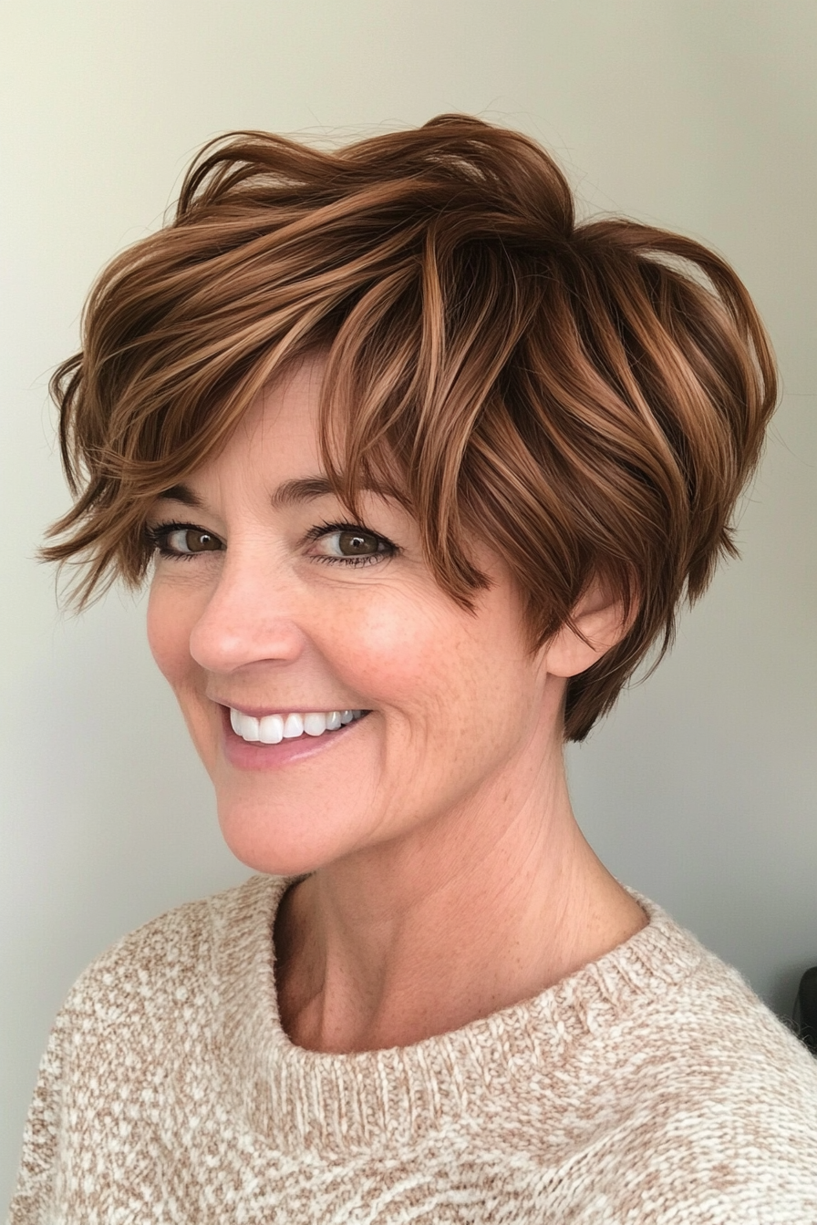 16. Wavy Pixie in Chestnut Brown (Short Hairstyles For Older Women) - Short Hairstyles For Older Women