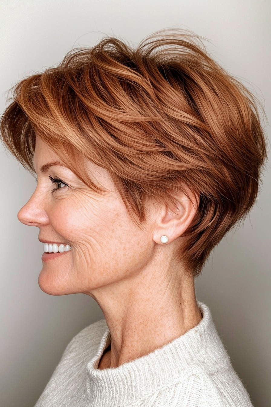 23. Airy Layered Crop in Warm Cinnamon Brown (Short Hairstyles For Older Women) - Short Hairstyles For Older Women
