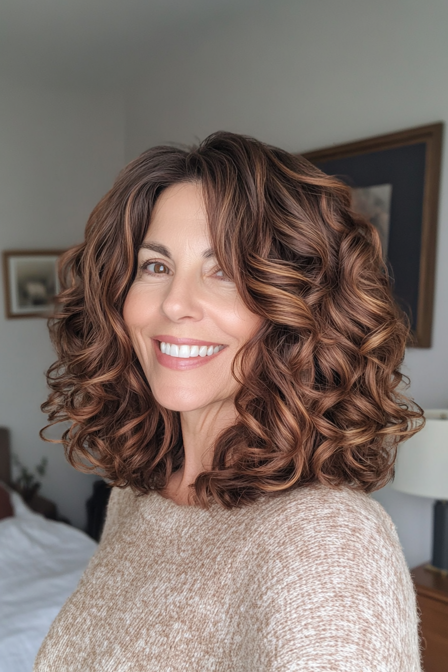 7. Voluminous Curly Lob in Deep Mahogany Brown (Haircuts For Women Over 40) - Haircuts For Women Over 40