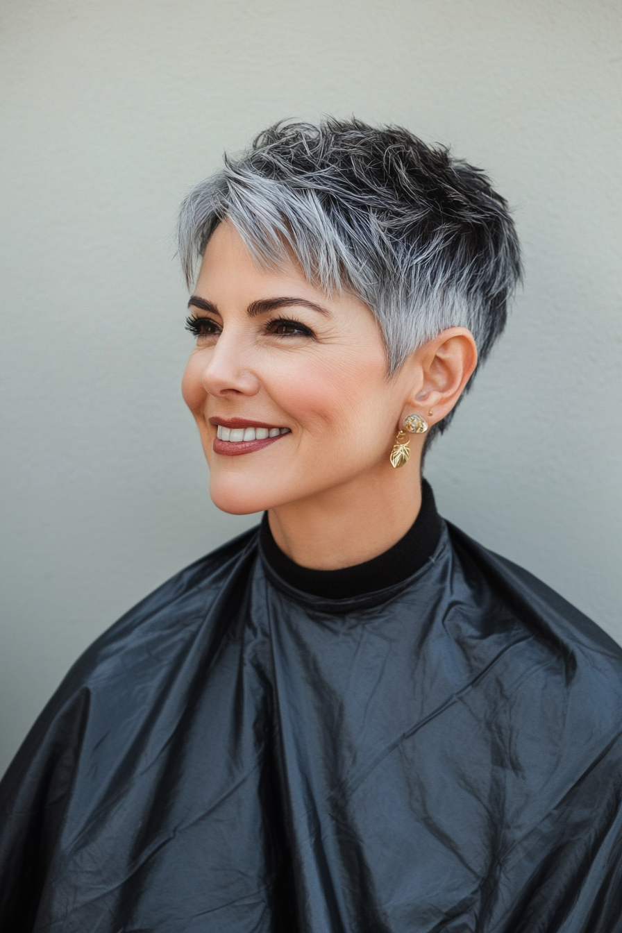 10. Short Layered Crop in Salt and Pepper Blend (Haircuts For Women Over 40) - Haircuts For Women Over 40