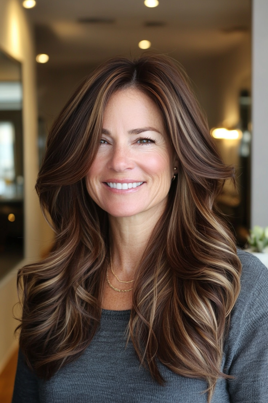 12. Long Flowing Layers in Warm Chocolate Brown (Haircuts For Women Over 40) - Haircuts For Women Over 40