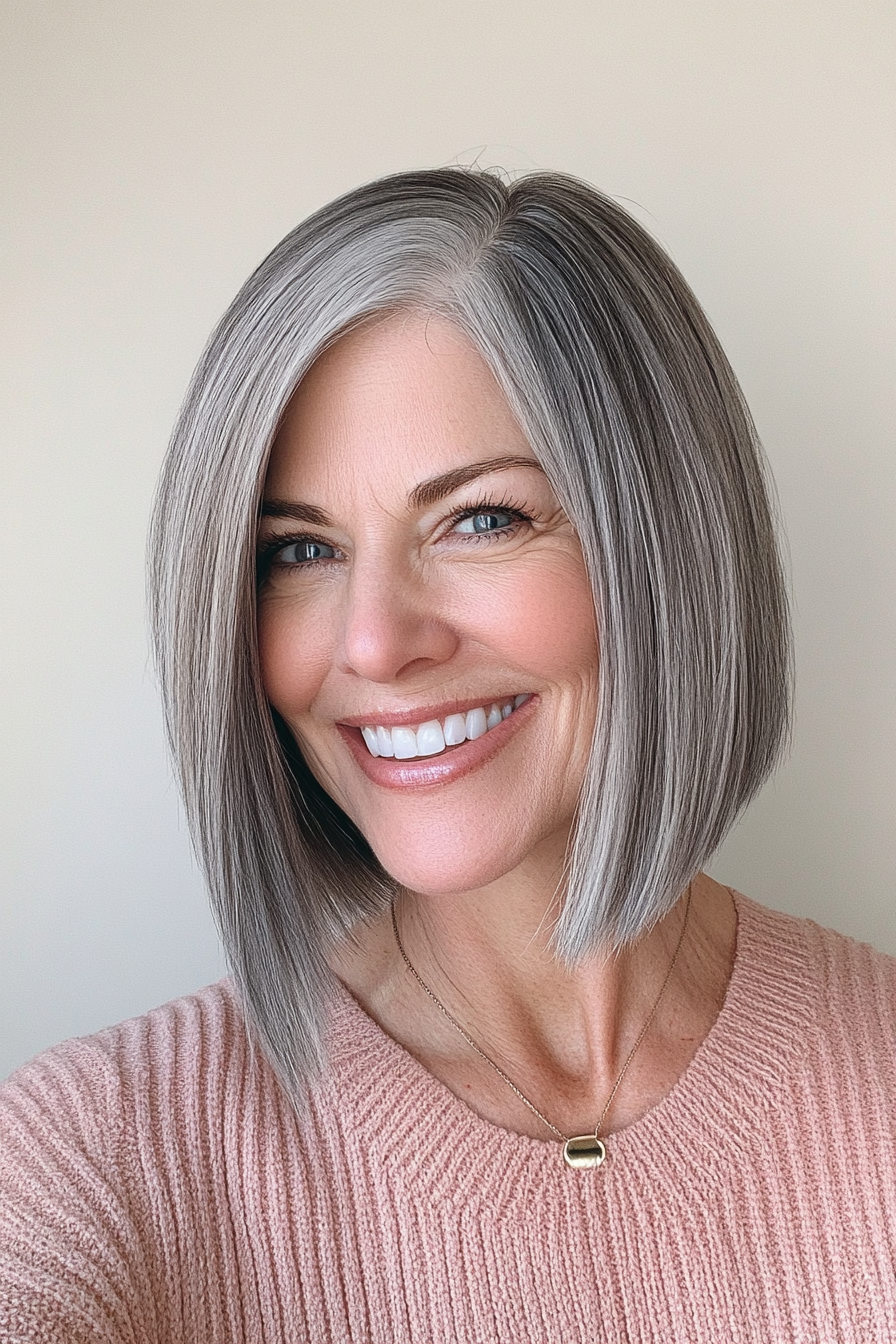15. Asymmetrical Bob in Natural Gray (Haircuts For Women Over 40) - Haircuts For Women Over 40