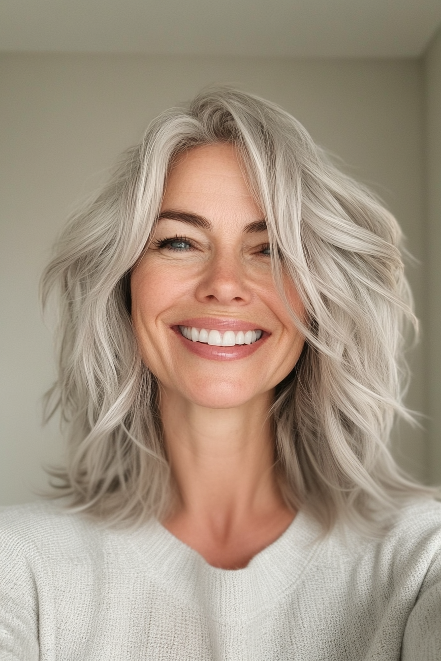 23. Messy Layered Crop in Silver Blonde (Haircuts For Women Over 40) - Haircuts For Women Over 40