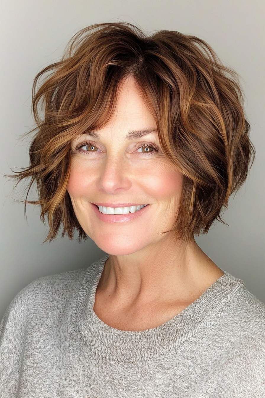 25. Tousled Short Bob in Warm Amber Brown (Haircuts For Women Over 40) - Haircuts For Women Over 40