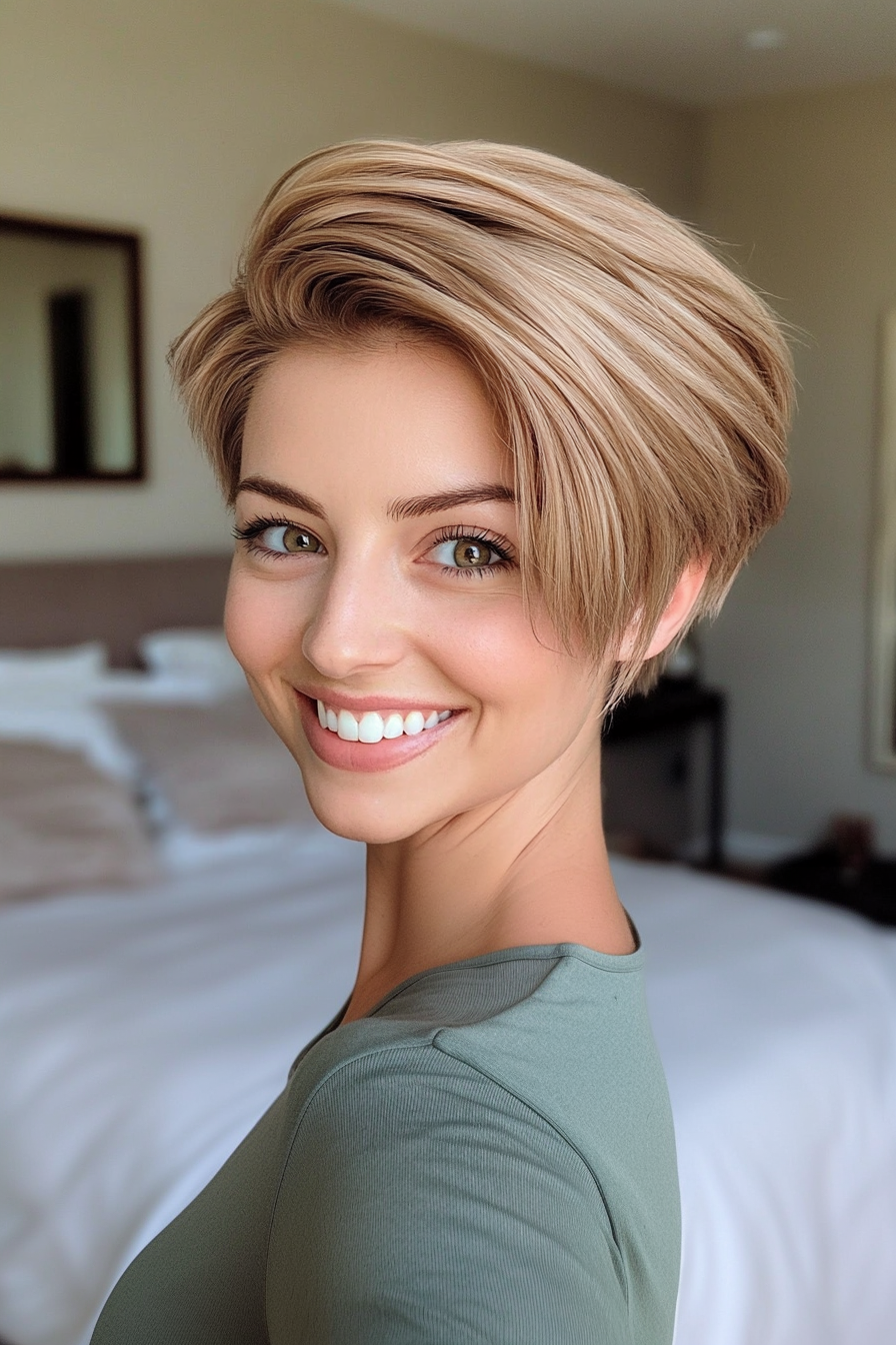 2. Tapered Sandy Blonde Pixie (Pixie Hairstyles For Thin Hair) - Pixie Hairstyles For Thin Hair